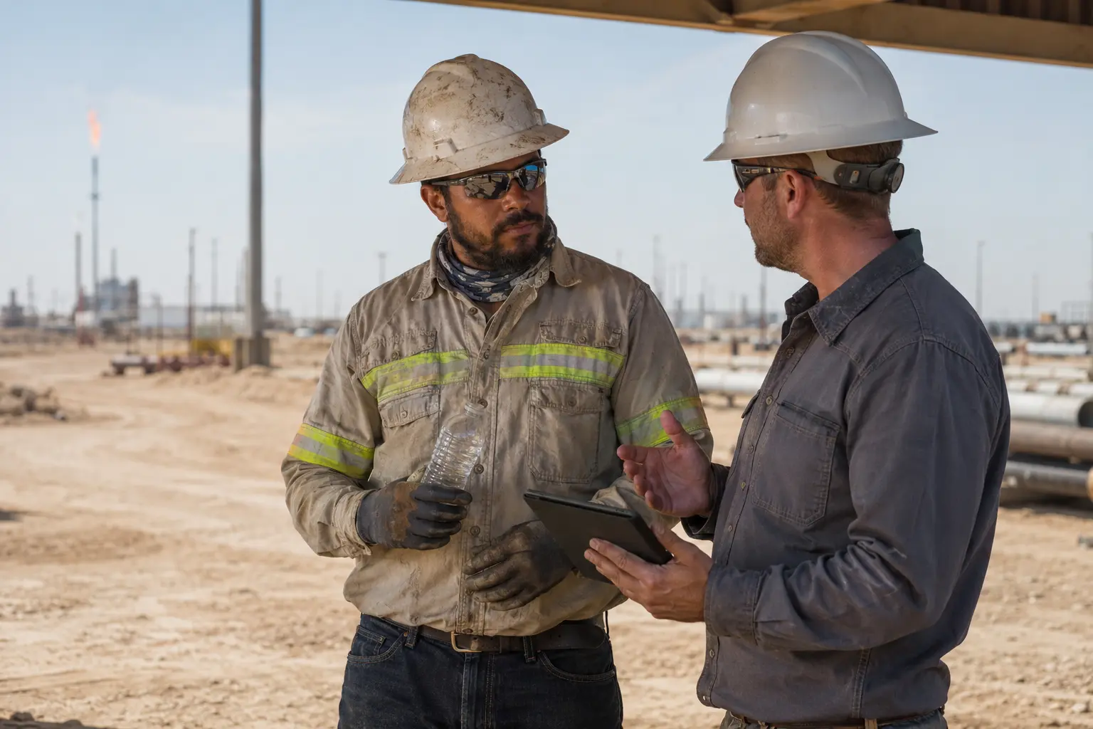 An industrial field worker and safety professional discussing hydration and readiness